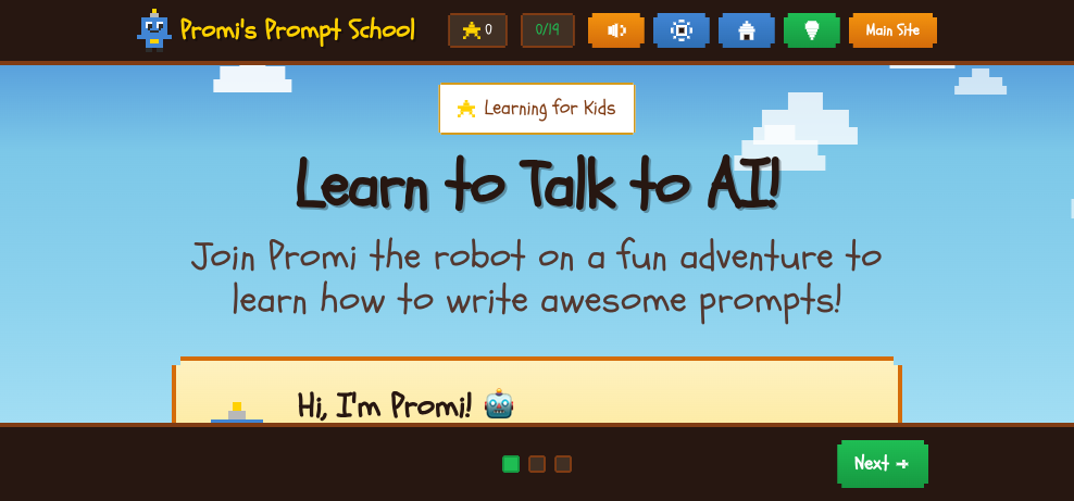 Promi's Prompt School welcome screen with Promi the robot and Learn to Talk to AI heading